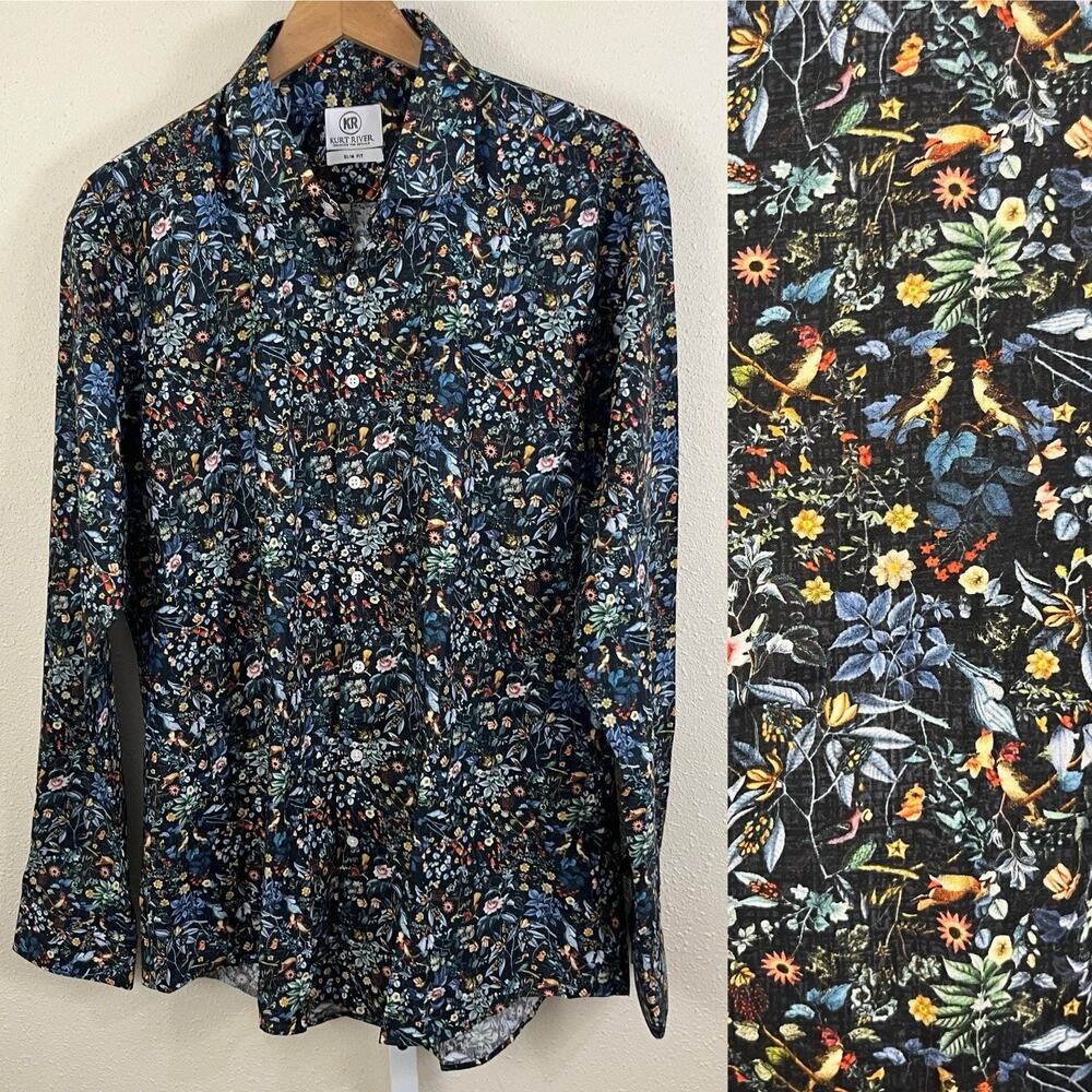 Kurt River Slim Fit Botanical Floral Print Button Down Shirt Men’s XXL 45/46